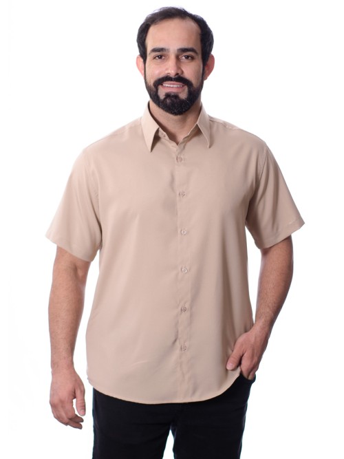 Camisa social bege masculina de microfibra manga curta