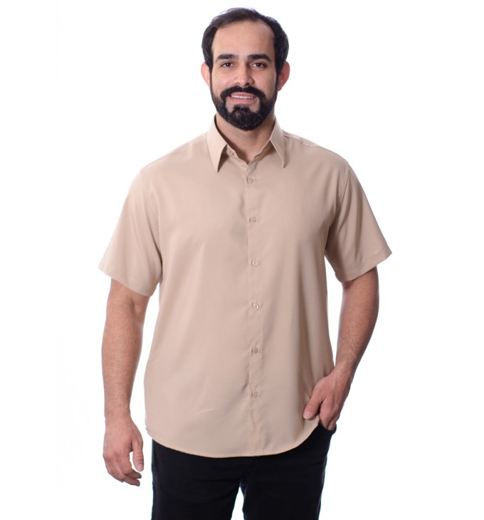 Camisa social bege masculina de microfibra manga curta Camisa social bege masculina de microfibra manga curta