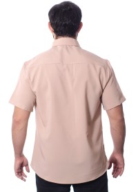 Camisa social bege masculina de microfibra manga curta