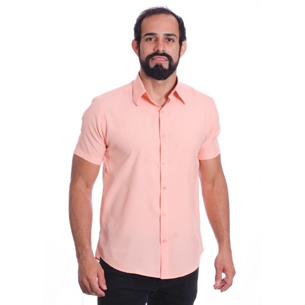 Camisa social salmão masculina de microfibra manga curta