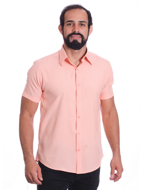 Camisa social salmão masculina de microfibra manga curta