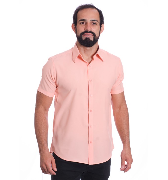 Camisa social salmão masculina de microfibra manga curta