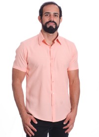 Camisa social salmão masculina de microfibra manga curta