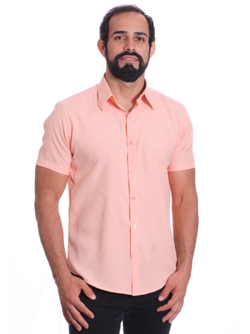 Camisa social salmão masculina de microfibra manga curta