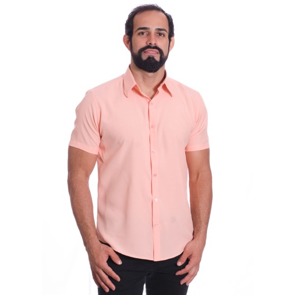 Camisa social salmão masculina de microfibra manga curta
