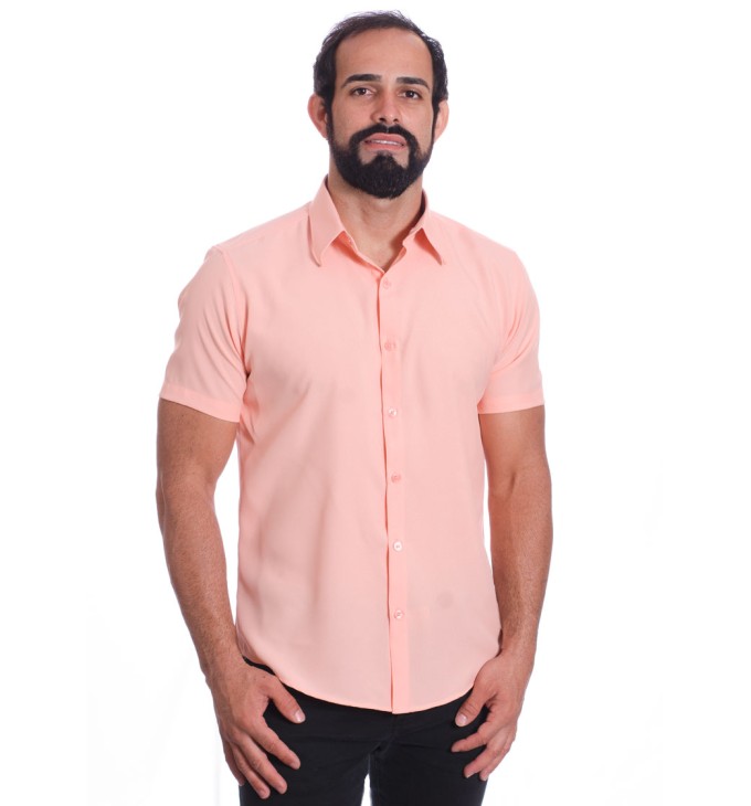 Camisa social salmão masculina de microfibra manga curta