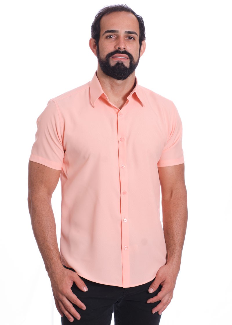 Camisa social salmão masculina de microfibra manga curta