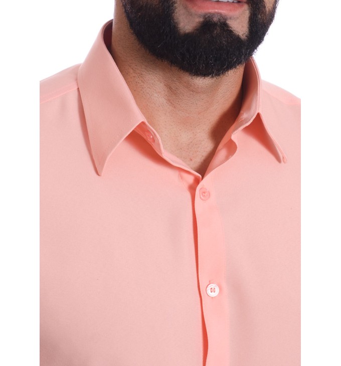 Camisa social salmão masculina de microfibra manga curta