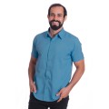 Camisa social azul masculina de microfibra manga curta