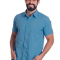 Camisa social azul masculina de microfibra manga curta