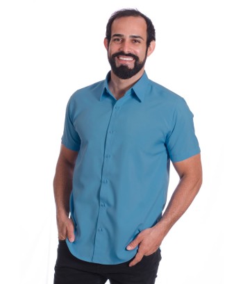 Camisa social azul masculina de microfibra manga curta