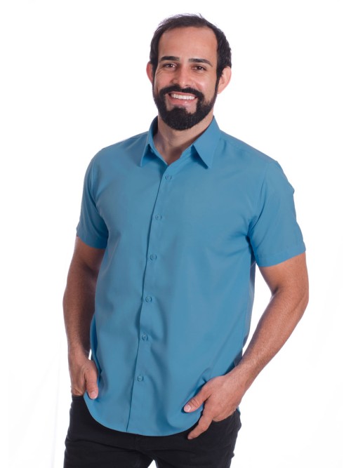 Camisa social azul masculina de microfibra manga curta