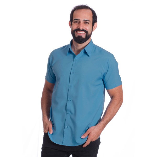 Camisa social azul masculina de microfibra manga curta
