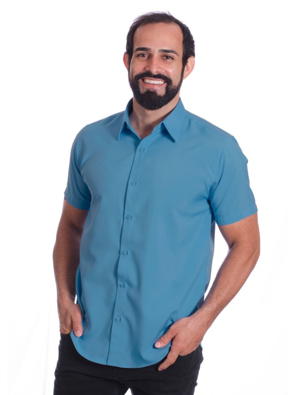 Camisa social azul masculina de microfibra manga curta