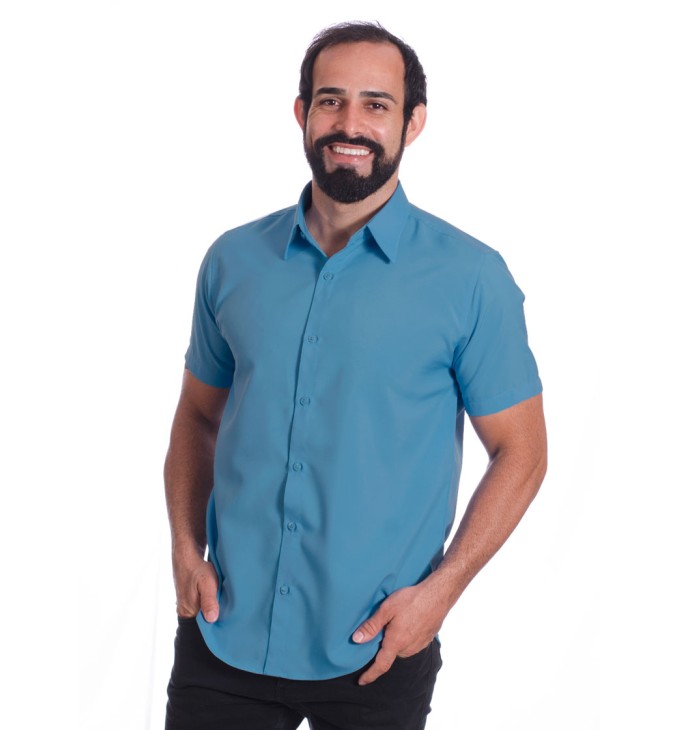 Camisa social azul masculina de microfibra manga curta