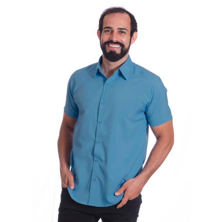 Camisa social azul masculina de microfibra manga curta