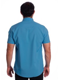 Camisa social azul masculina de microfibra manga curta