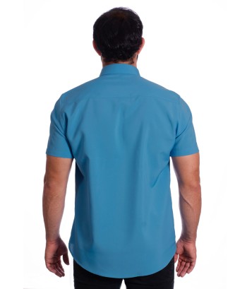 Camisa social azul masculina de microfibra manga curta
