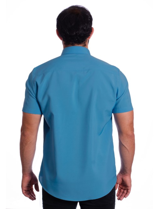 Camisa social azul masculina de microfibra manga curta