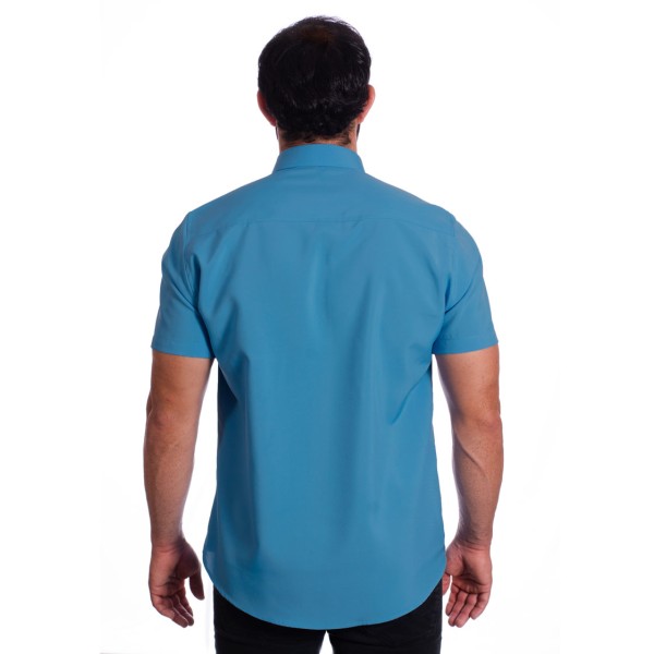 Camisa social azul masculina de microfibra manga curta