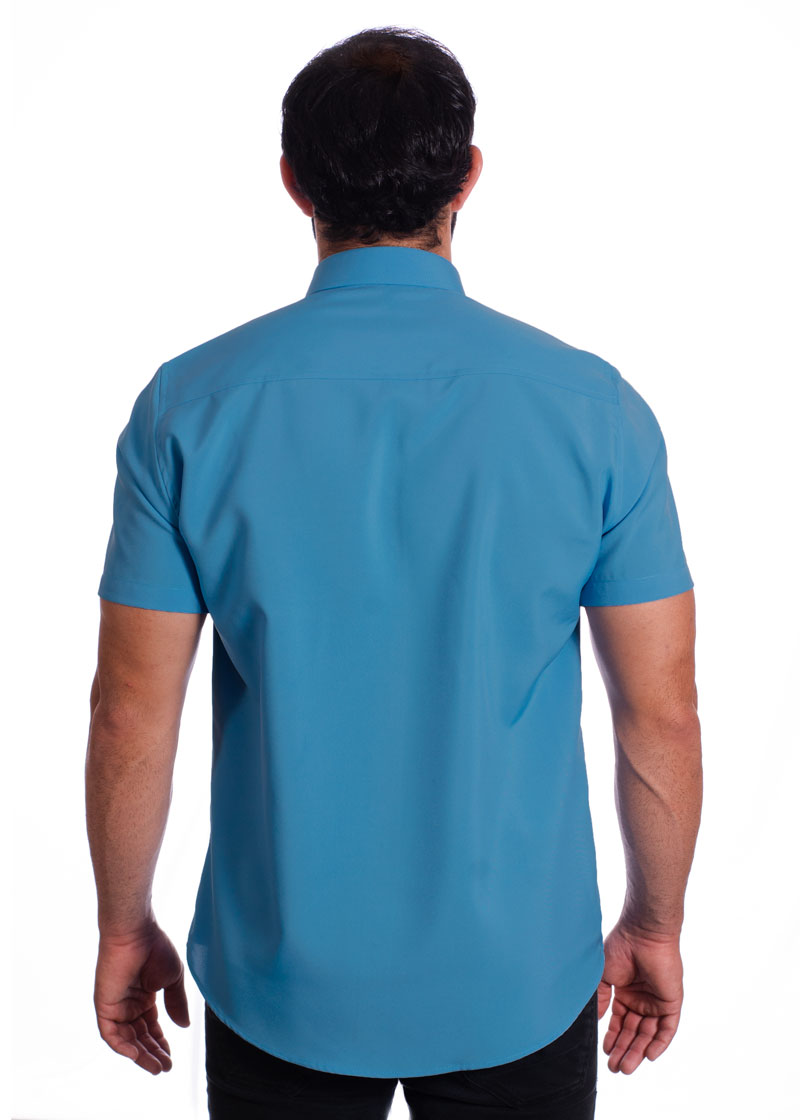 Camisa social azul masculina de microfibra manga curta