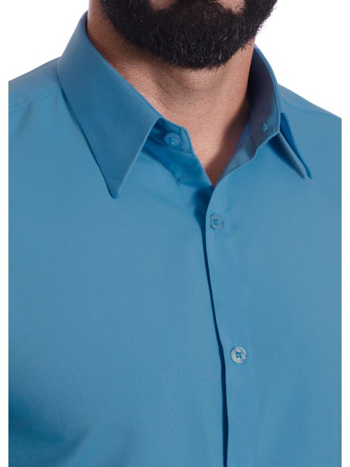 Camisa social azul masculina de microfibra manga curta