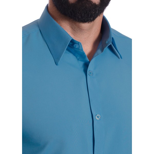 Camisa social azul masculina de microfibra manga curta