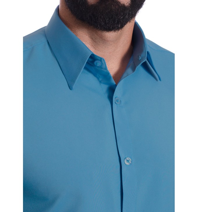 Camisa social azul masculina de microfibra manga curta