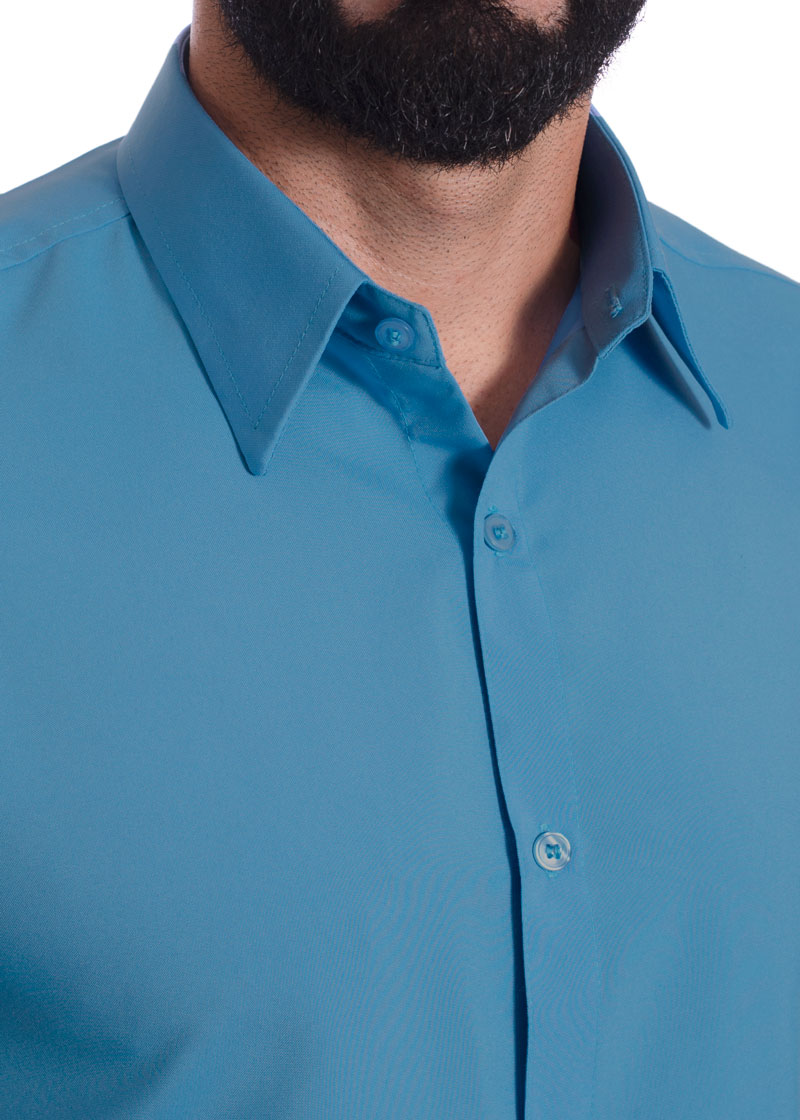Camisa social azul masculina de microfibra manga curta