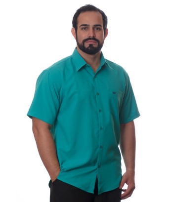 Camisa social verde masculina de microfibra manga curta