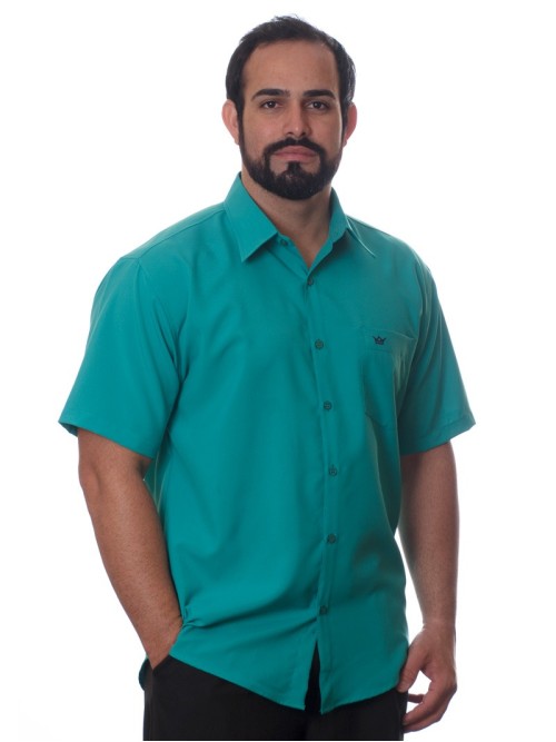 Camisa social verde masculina de microfibra manga curta