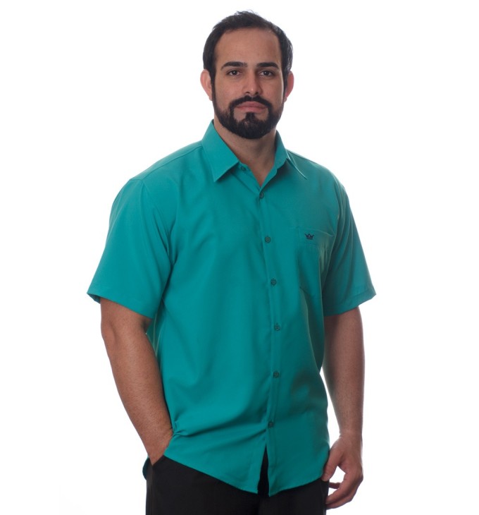 Camisa social verde masculina de microfibra manga curta