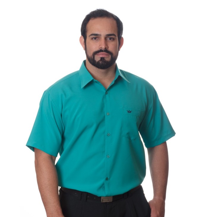 Camisa social verde masculina de microfibra manga curta