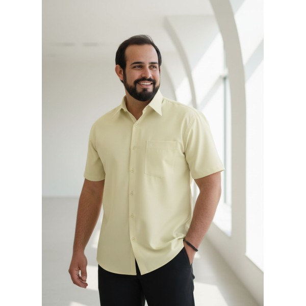 Camisa social palha masculina de microfibra manga curta