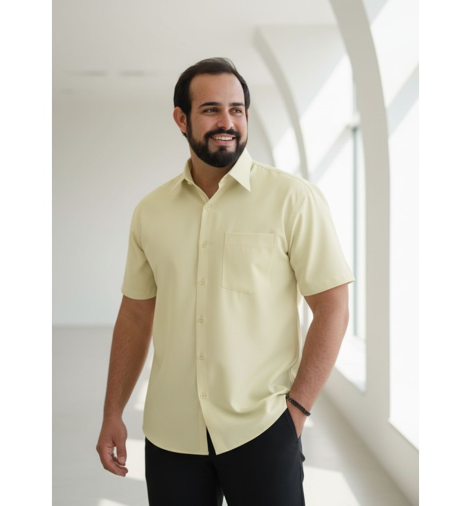 Camisa social palha masculina de microfibra manga curta
