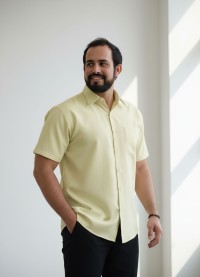 Camisa social palha masculina de microfibra manga curta