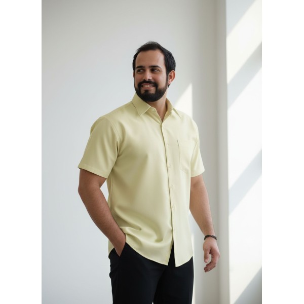 Camisa social palha masculina de microfibra manga curta