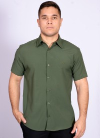 Camisa social verde escuro masculina de microfibra manga curta