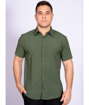 Camisa social verde escuro masculina de microfibra manga curta