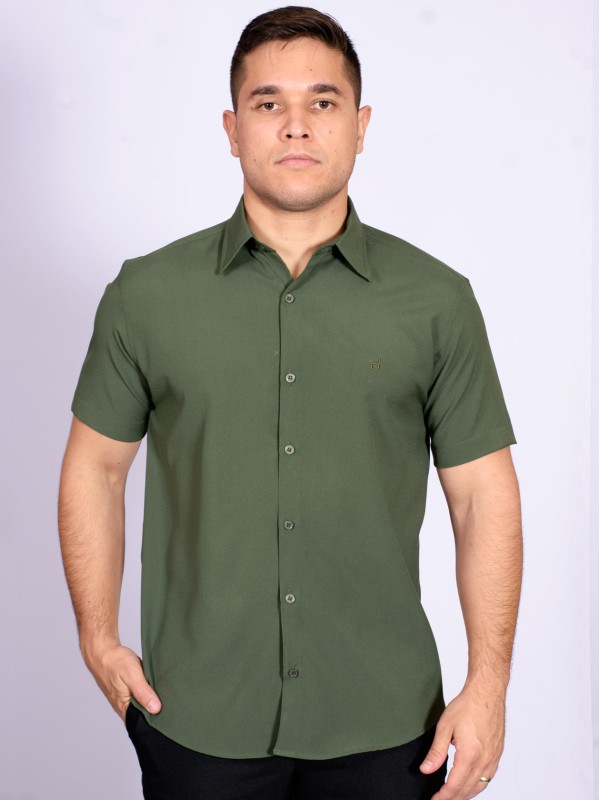 Camisa social verde escuro masculina de microfibra manga curta