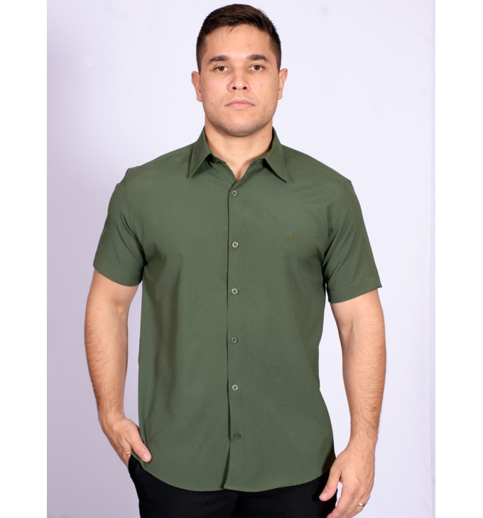 Camisa social verde escuro masculina de microfibra manga curta