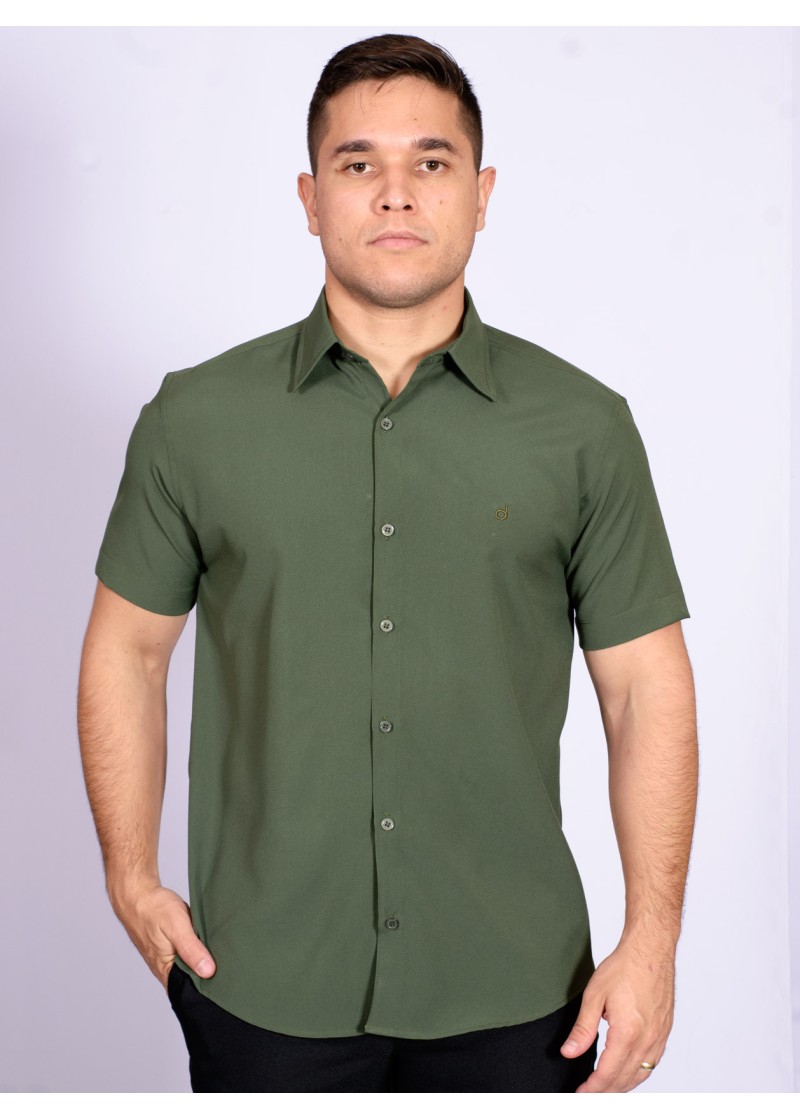 Camisa social verde escuro masculina de microfibra manga curta