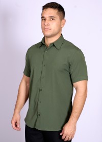 Camisa social verde escuro masculina de microfibra manga curta
