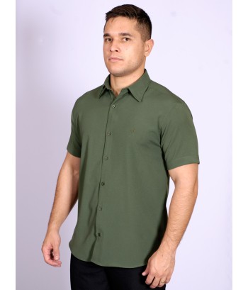 Camisa social verde escuro masculina de microfibra manga curta