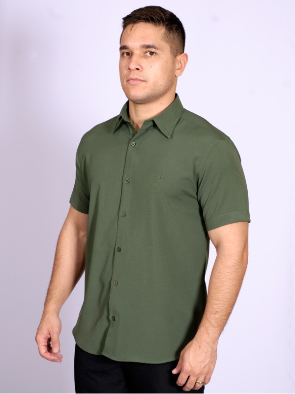 Camisa social verde escuro masculina de microfibra manga curta