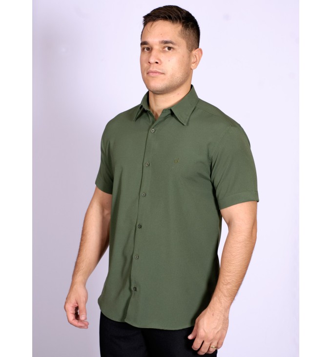 Camisa social verde escuro masculina de microfibra manga curta