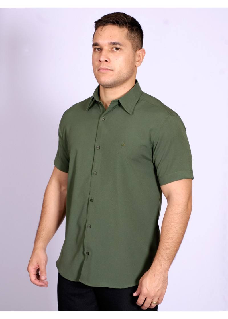 Camisa social verde escuro masculina de microfibra manga curta