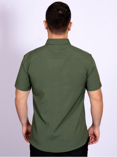 Camisa social verde escuro masculina de microfibra manga curta