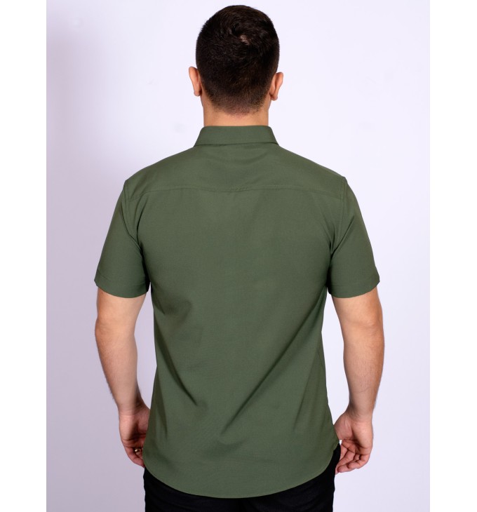 Camisa social verde escuro masculina de microfibra manga curta
