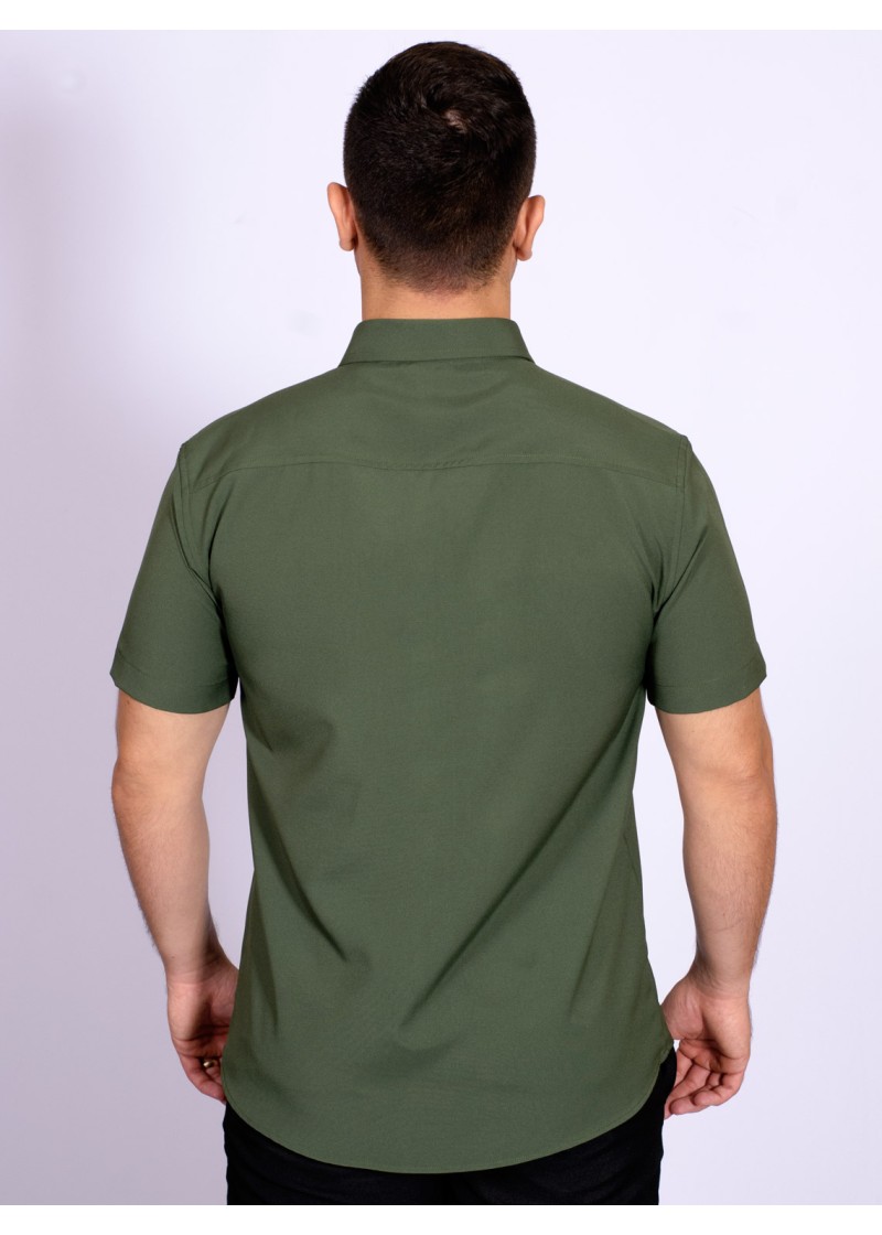 Camisa social verde escuro masculina de microfibra manga curta